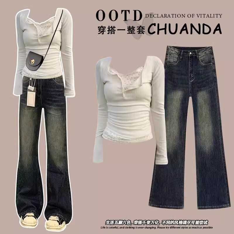 One-piece/Hong Kong-style Casual Style Street-fried Women's Spring and Autumn 2024 New Fake Two-piece Long-sleeved T-shirt Jeans Trend One-piece/Hong Kong-style Casual Style Street-fried Women's Spring and Autumn 2024 New Fake Two-piece Long-sleeved T-shirt Jeans Trend