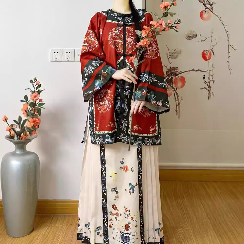 Qing Han women's double-breasted round-neck retro Hanfu [Qing Qing] antique style Jin merchant young lady's double-breasted printed Hanfu suit