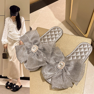 French Style Fairy Style Women's Slippers Bow Satin Flat Slippers Summer New Outer Wear Soft Bottom Slide Slippers