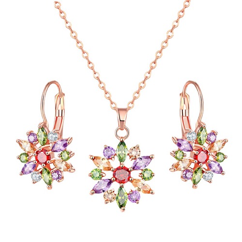 Kérastase Zircon Colorful Crystal Necklace Set: European & American-Style 7-Color Ice Flower Zircon Earrings and Necklace Two-Piece Set—Wholesale