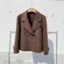 福利款咖色西装领双面羊毛大衣女短款正肩显瘦双排扣呢子休闲外套