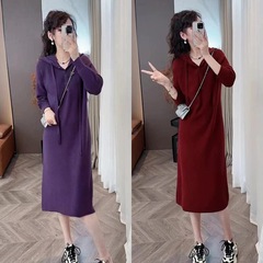 时尚法式连帽连衣裙女秋季新款小个子慵懒宽松休闲打底连衣裙紫色