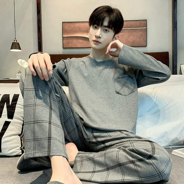 2023 Otoño e Invierno pijamas hombres con cuello en V manga larga traje suelto casual juventud hogar desgaste simple Traje a cuadros