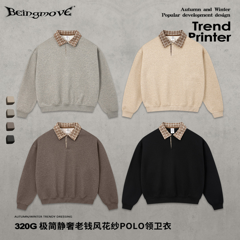 Street style winter European and American vintage trendy old money style loose fit drop shoulder long sleeve heavyweight half-open collar sweatshirt for men Street style winter European and American vintage trendy old money style loose fit drop shoulder long sleeve heavyweight half-open collar sweatshirt for men