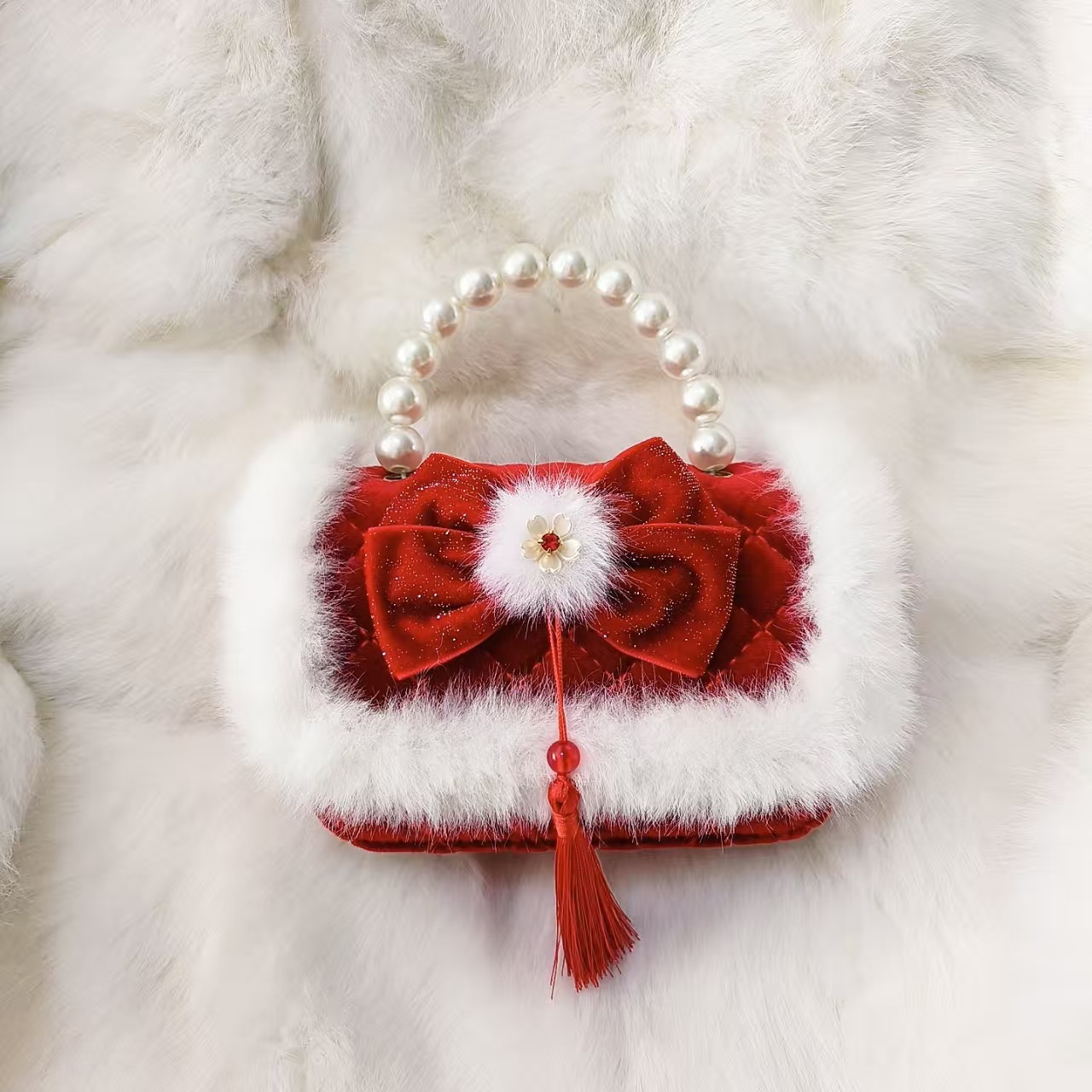 Gran arco rojo bolso de princesa bolso de perla bolso de Año Nuevo bolso de cambio accesorios cadena de hombro