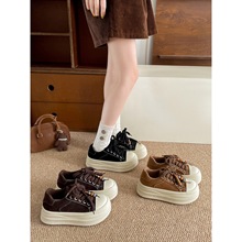 棕色复古百搭厚底低帮帆布鞋女款2025新款秋季配裙子增高软底板鞋