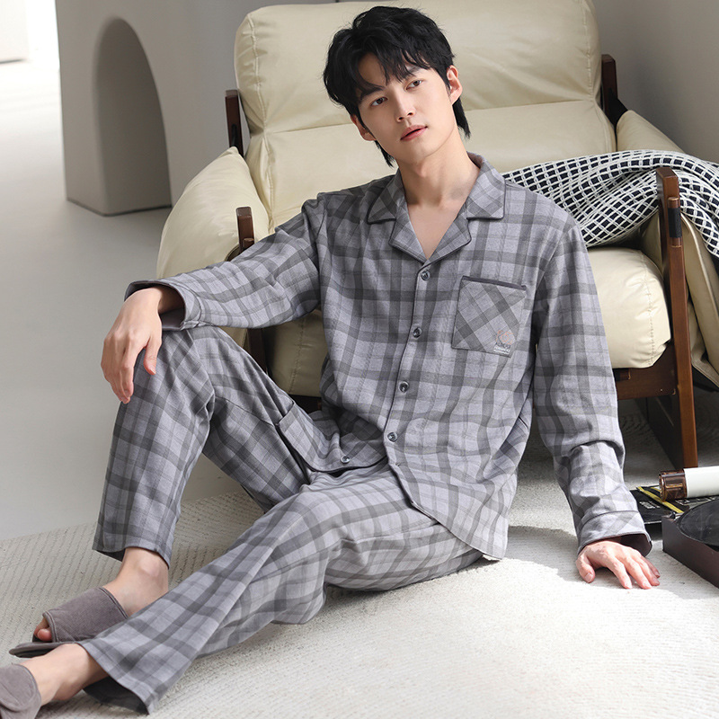 ZHUOJIA 잠옷 남성 봄, 가을 순면 긴팔 옷깃 가디건 홈웨어 남성 단순 면화 정장 청소년