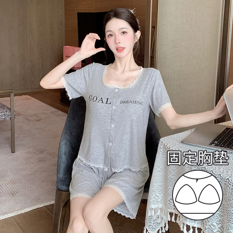 New Modal Cotton Pajamas Set Summer Women's Short Sleeve Shorts Casual Cardigan Home Clothes with Chest Pad Can Be Worn Outside