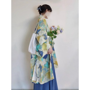 2025 Spring and Autumn Retro Chinese Style Han Dynasty Improved Loose Large Size Women's Printed Double-Breasted Wide Sleeve Shawl Long Shirt Top