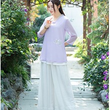2023中国风瑜伽服套装居士禅修服印花雪纺茶服上衣阔腿裤两件套女