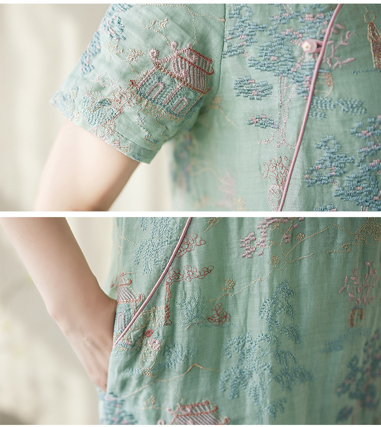 Modernes Chinesisches Cheongsam Baumwoll Leinen Stickkleid_voghion.com
