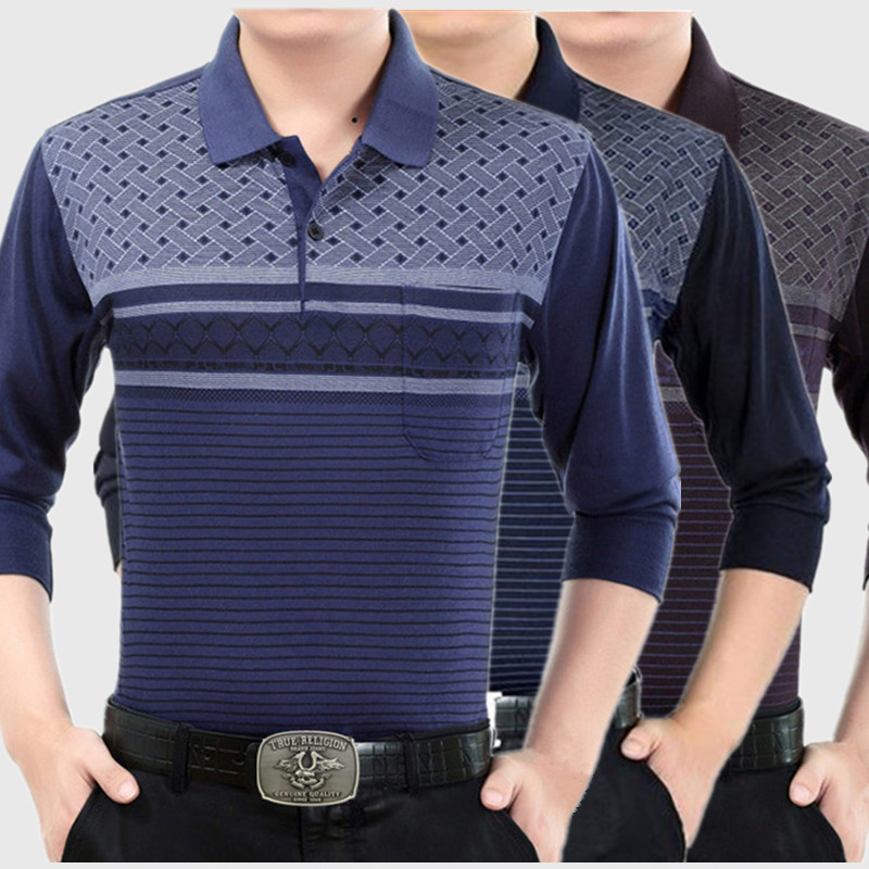 秋季中老年涤棉男士翻领长袖T恤真口袋爸爸翻领宽松pool衫秋衣