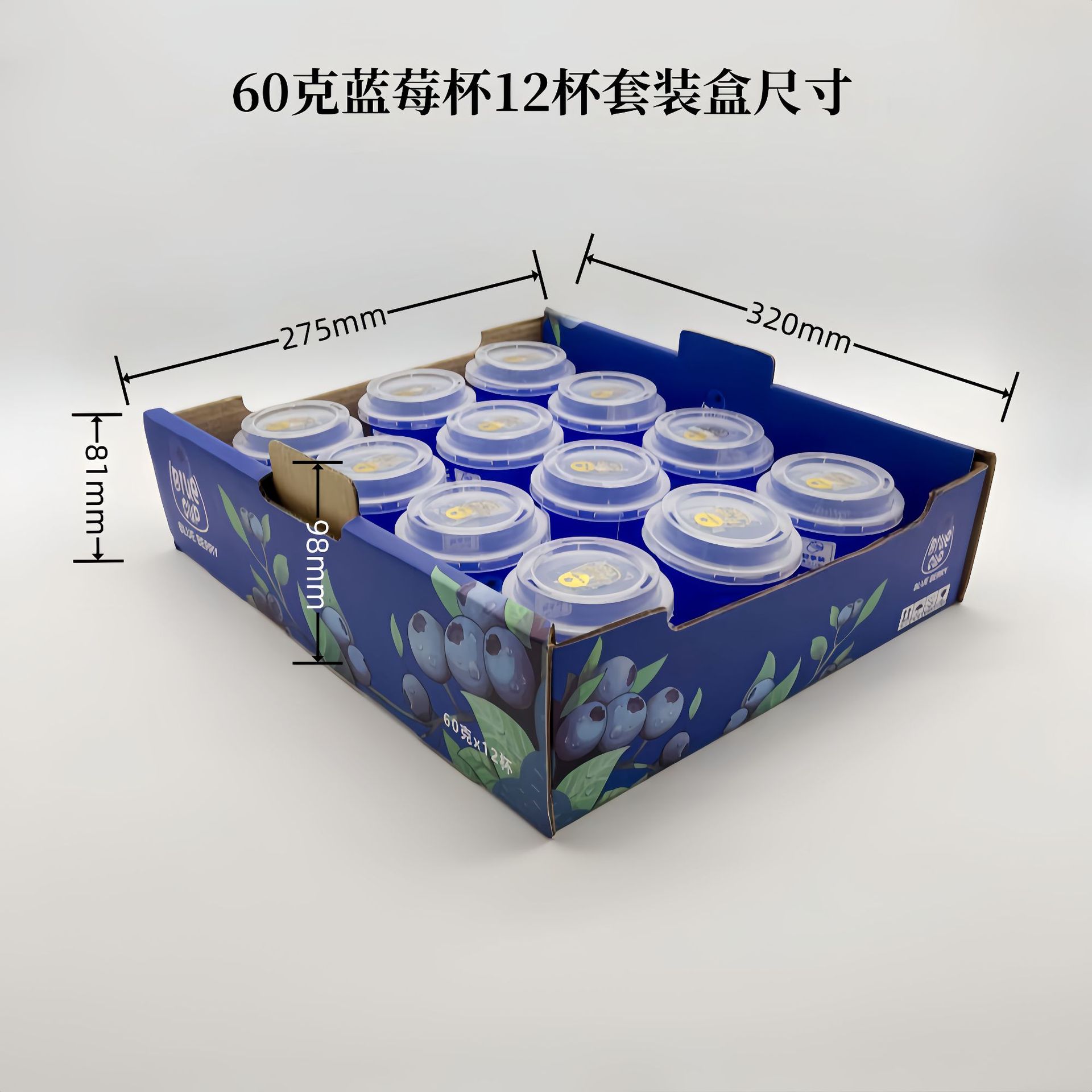 蓝莓杯小懒杯塑料pp水果打包盒底部透气蓝莓包装网红套盒12杯装