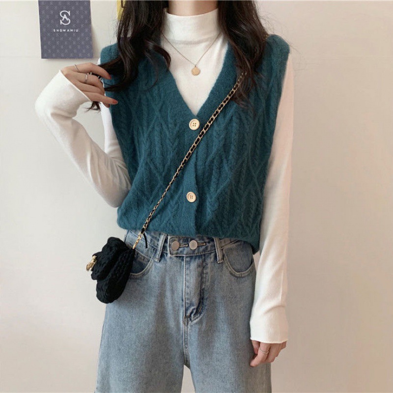 Cardigan de punto de cuello en V de botón único, chaleco de primavera y otoño, nuevo suéter de color sólido coreano, chaleco de caballo, clip de caballo image 11