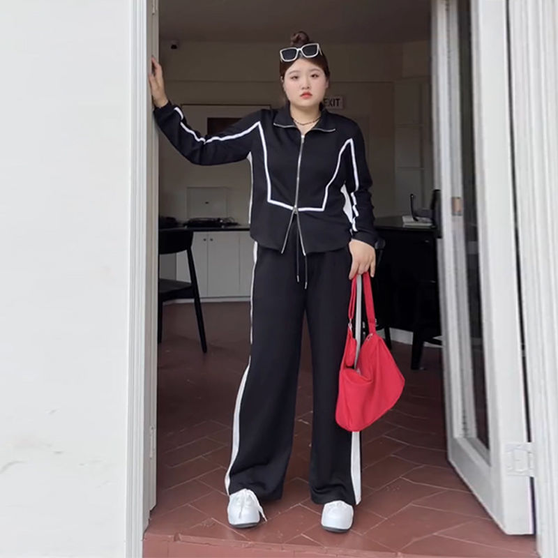 大码休闲运动风套装女秋冬胖mm显瘦遮肉跑步卫衣外套+裤子两件套|undefined