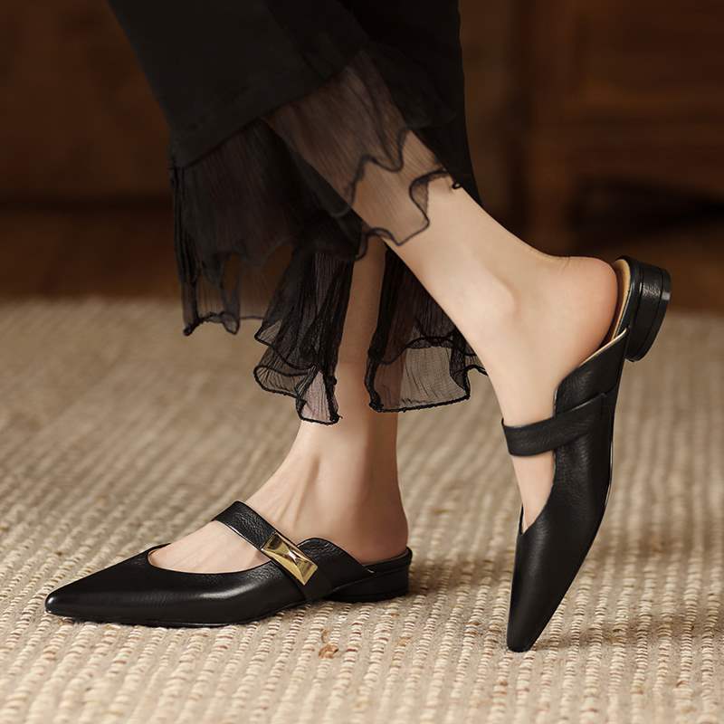 2023 Spring and Summer Pointed Toe Low Heel Sheepskin Mule Shoes…