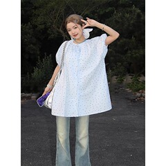 夏の新鮮な水玉模様のパフスリーブシャツドレス女性の新しいルーズカジュアルミッドレングスレースアップベビードールシャツ