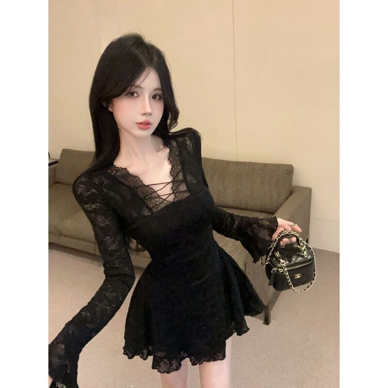 Korean Sexy Hollow Lace Long-Sleeved Dress with Elegant Waist and Slimming Hot Girl Spring Pure Desire New Skirt Korean Sexy Hollow Lace Long-Sleeved Dress with Elegant Waist and Slimming Hot Girl Spring Pure Desire New Skirt
