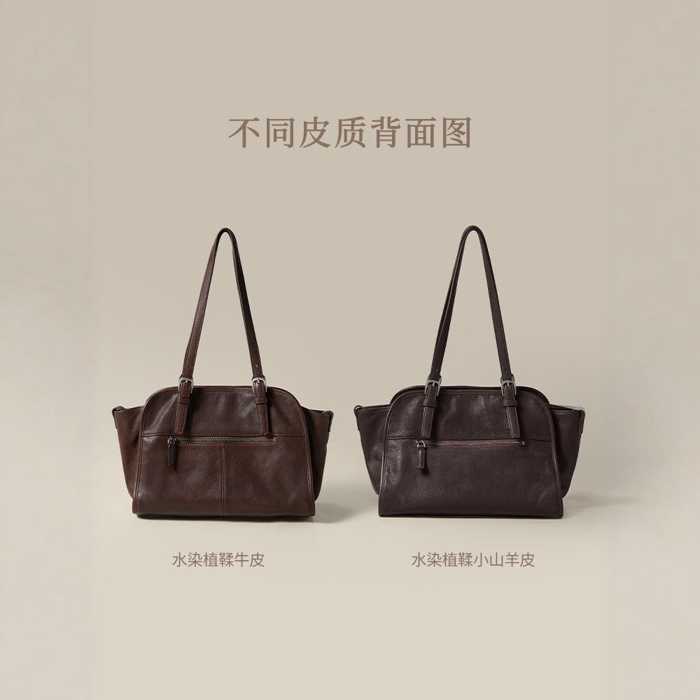 Vegetable-Tanned Cowhide Gold Ingot Bowling Bag Retro Large Capacity Commuter Bag Elegant Handbag & Crossbody Bag For Women - Thumbnail 4