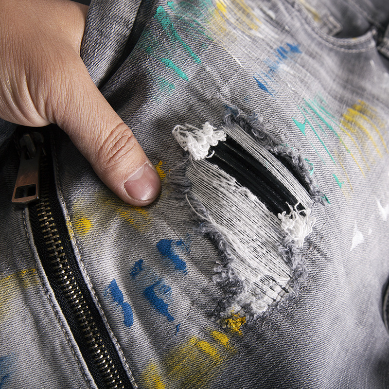 Men's Clothing Ripped, Patched, Graffiti Print Patchwork Jeans, Slim Fit, Stretch, Retro, Splatter Paint, Zipper, American High End Trendy Style._voghion.com