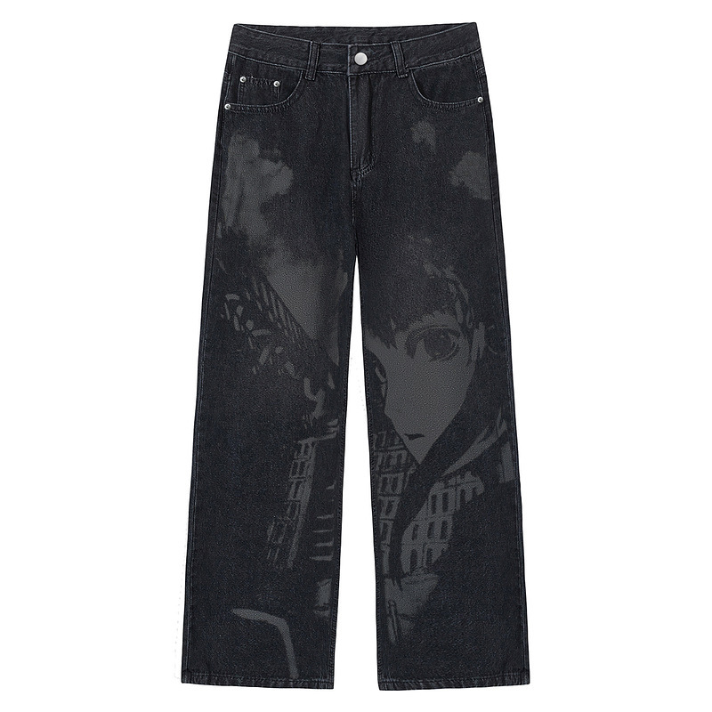 Qilin Millennium Style Anime Print Jeans Men's and Women's 2024 New High Waist Slimming Loose Wide Leg Trousers
