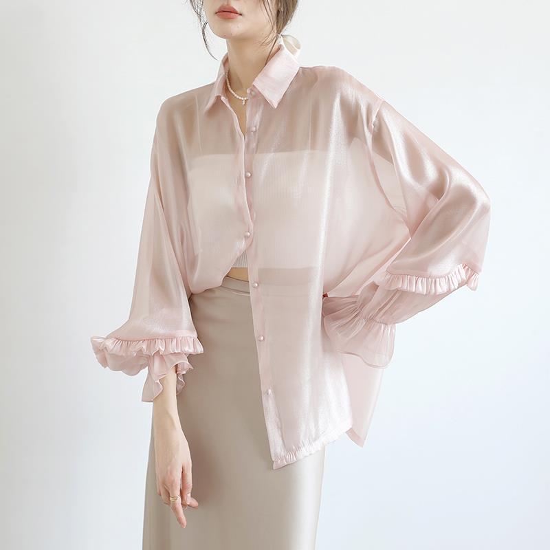 Gentle and Ethereal Pearlescent Sheer Sun-Protective Shirt for Women, Summer 2026, Fairy-Like Flowing Light, Lazy Puff Sleeves, Transparent Top Gentle and Ethereal Pearlescent Sheer Sun-Protective Shirt for Women, Summer 2026, Fairy-Like Flowing Light, Lazy Puff Sleeves, Transparent Top