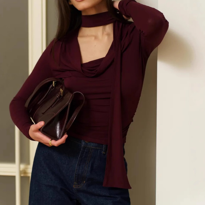 2025 European and American Cross-Border Spring Women's Commuter High-Street Collared Top with Low-Cut Design and Slim-Fit Knit Base Shirt