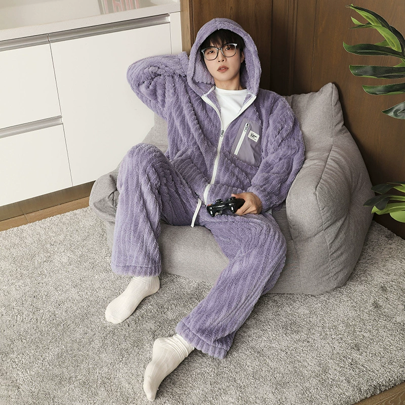 Пижама мужской зимний утолщение и бархат с длинными рукавами теплый коралловый бархат