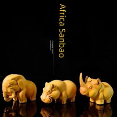 Gold Sandalwood Carved Handle Home Living Room Elephant Rhinoceros Hippopotamus Animal Craft Ornament Cliff Cypress Wood Carving