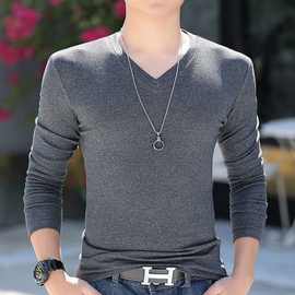 北疆狼2025秋季T恤新款V领打底衫纯色长袖衫修身卫衣韩版男生