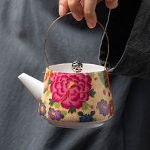中式珐琅彩牡丹花茶壶陶瓷单壶大容量过滤泡茶器家用掐丝提梁壶