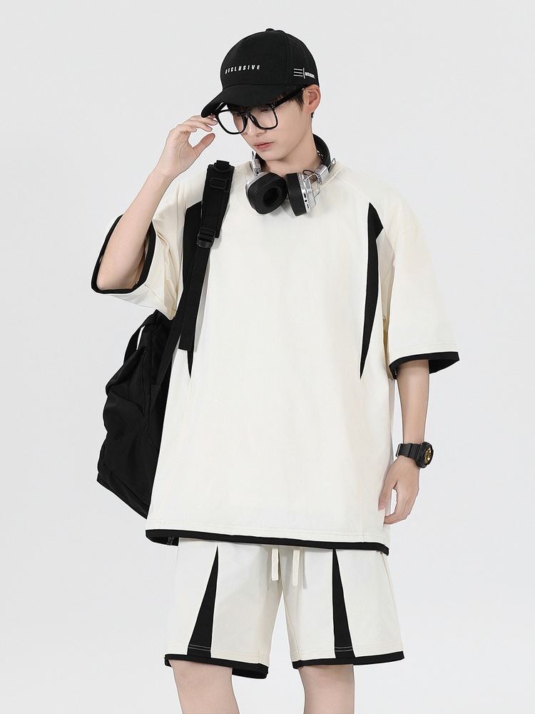 Verano versión suelta camiseta de cuello redondo manga corta pantalones cortos hombre juego de ocio deportivo juvenil hombre guapo juego de dos piezas