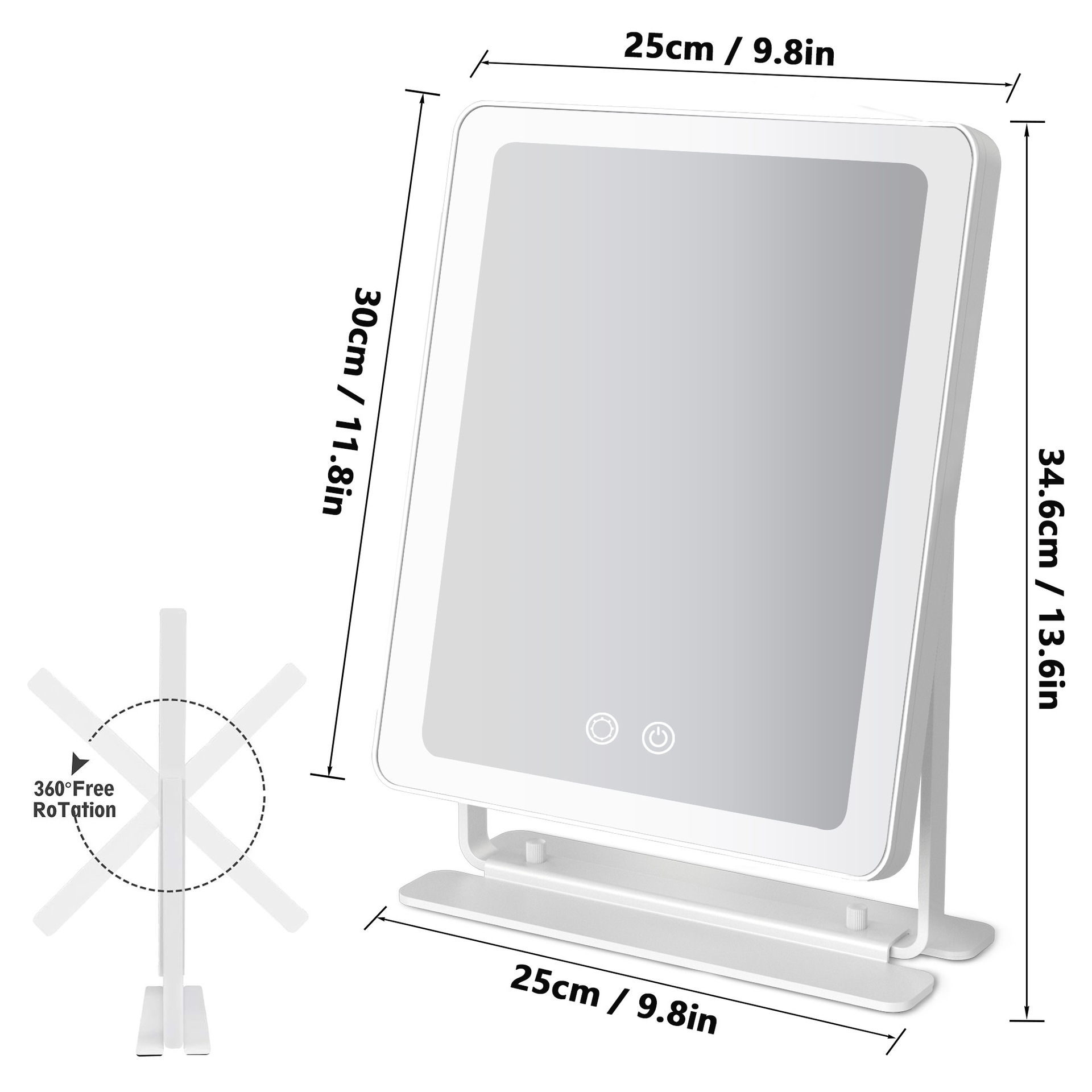 25X30CM espejo de maquillaje con lámpara led espejo recargable de escritorio grande cuadrado unilateral espejo de belleza HD