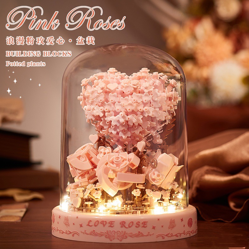 宇投永生积木花束玫瑰花朵手工玩具植物盆栽摆件送女孩感|undefined