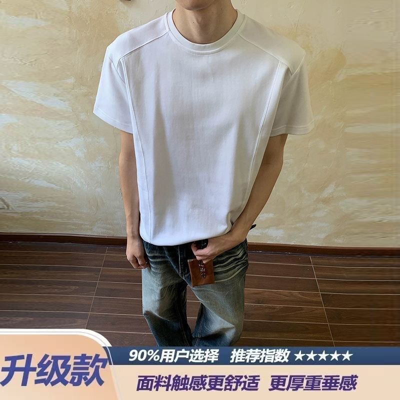 American-style heavy-duty boxy short-sleeve T-shirt for men, summer air-layer fabric, small neckline, oversized, lightweight top American-style heavy-duty boxy short-sleeve T-shirt for men, summer air-layer fabric, small neckline, oversized, lightweight top