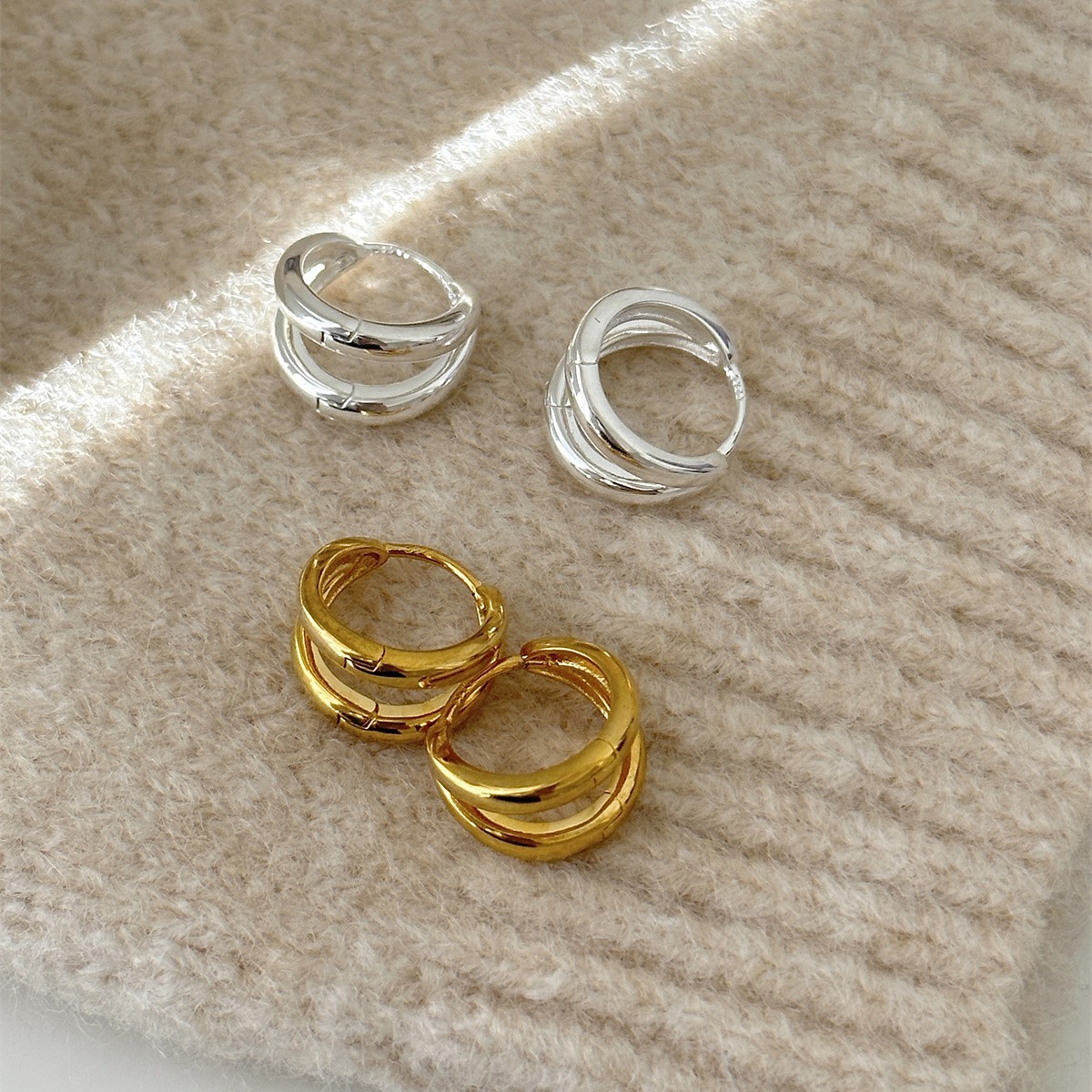 925銀針素圈雙層耳環女高級感小眾設計耳圈輕奢精緻冷淡風耳飾