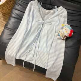 纯欲辣妹蓝色条纹长袖防晒罩衫女夏季内搭系带蕾丝吊带背心两件套