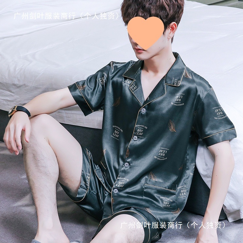 Pijama de hombre verano seda de hielo ropa casera de manga corta pantalones cortos de verano se puede usar fuera de un hombre grande conjunto