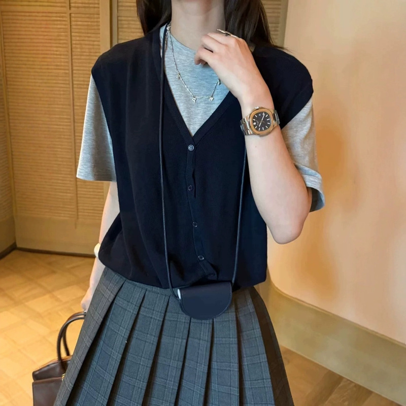 25秋季女装新款超细羊毛拼接假两件针织短袖上衣女90905|undefined