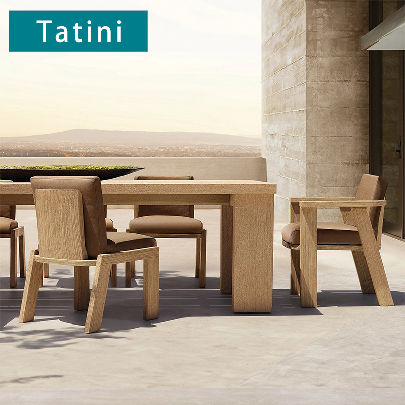 Mesas y sillas de madera maciza para exteriores, sillas de comedor de teca para patio y jardín, impermeables y resistentes al sol, para terrazas de hoteles y villas de diseño.
