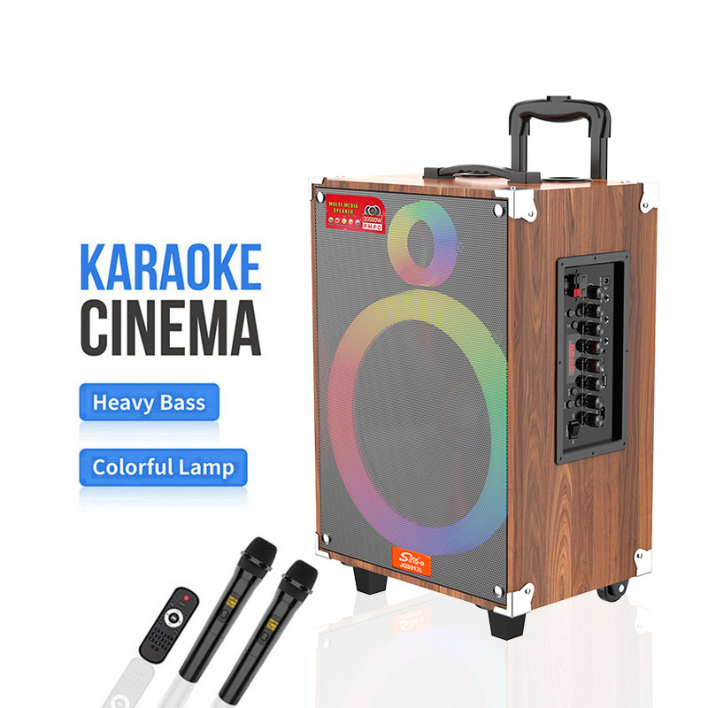 JQS910L JQS912L cross-border new private model double RGB lamp aperture pull rod wooden speaker with wireless double microphone