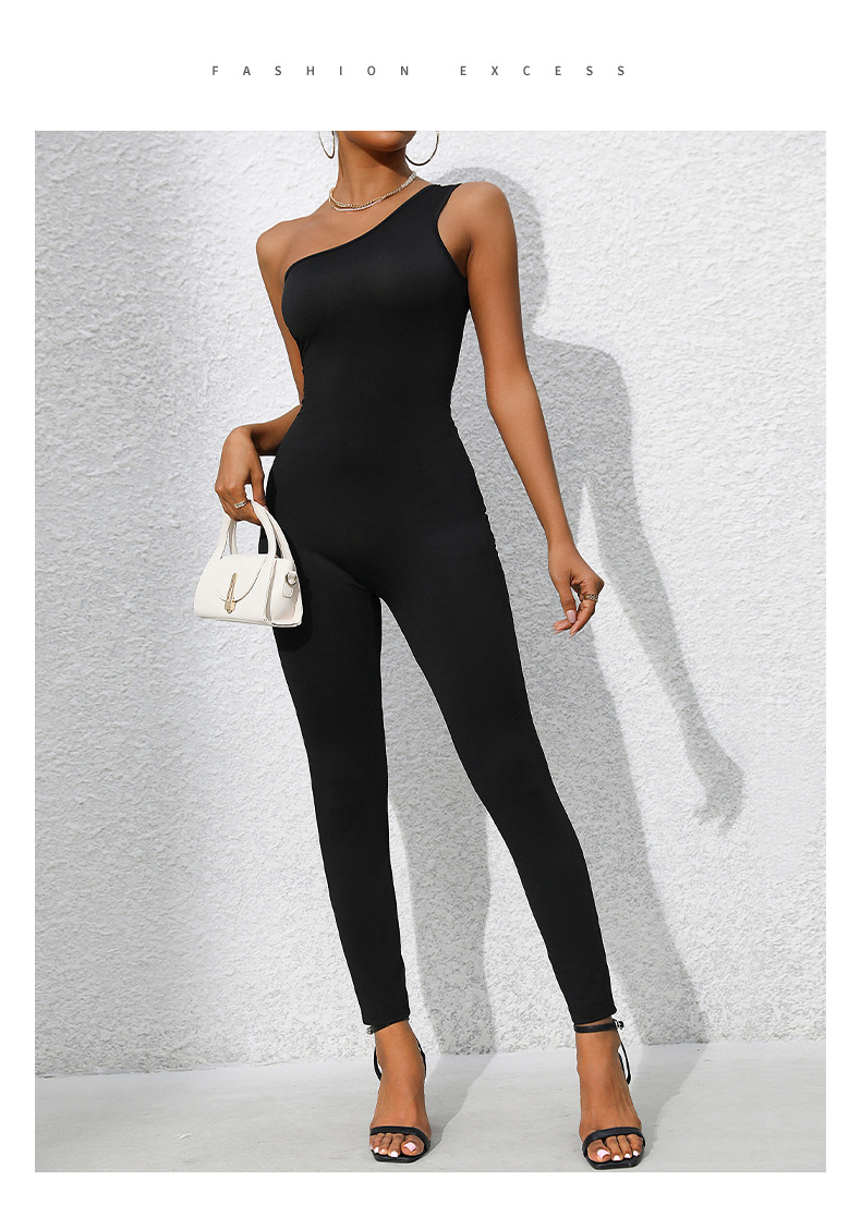 Solid Color Oone-shoulder Slim Jumpsuit_voghion.com