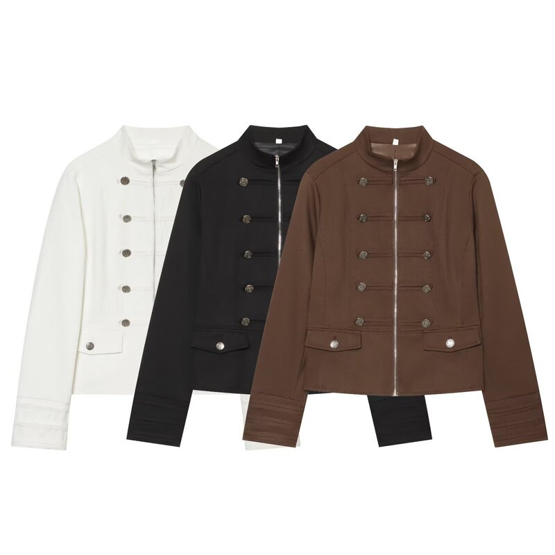 Amazon Wholesale New Summer Women's Versatile Stand-Up Collar Zipper Long-Sleeve Button-Decorated Blazer 2790498