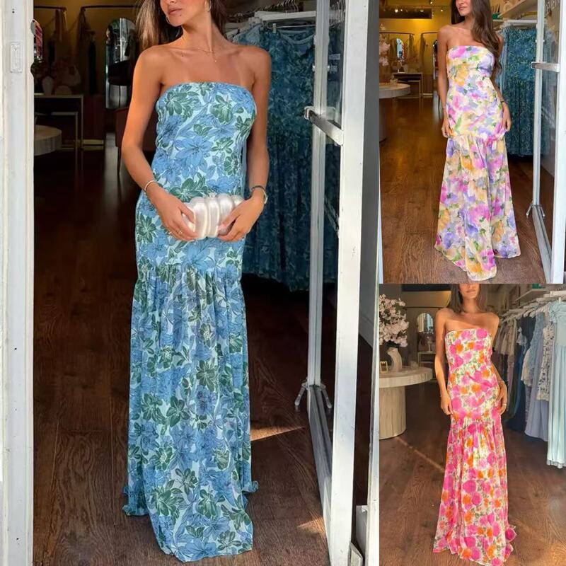 2025 Cross-border Summer Amazon shein Women's Fashion Strapless Floral Printed dress Elegant Long Dress