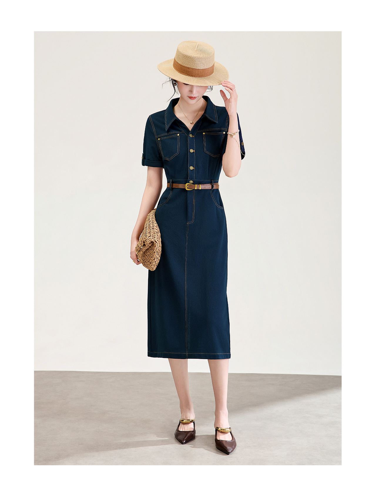Đầm denim nữ cổ V eo cao tay ngắn dáng ôm — xanh lam chi tiết 12