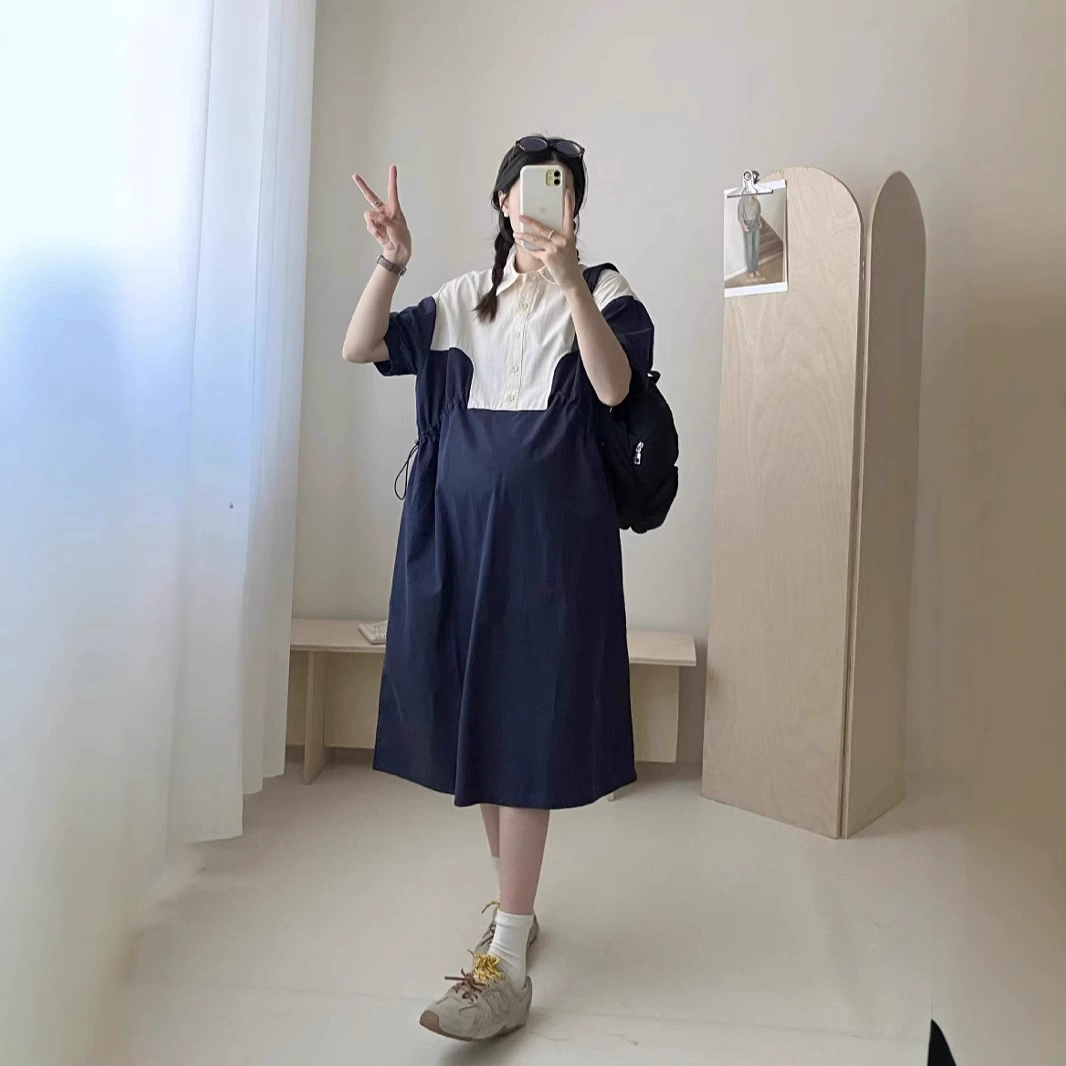 Корейская версия иностранного платья для беременных мода с цветным отворотом и веревкой большого размера тонкое платье с короткими рукавами для беременных