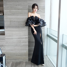 秋冬性感时尚露背敬酒服长裙修身显瘦一字肩荷叶袖鱼尾开叉晚礼服