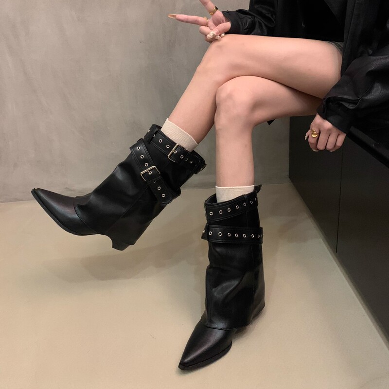 美式辣妹皮带扣裤管靴短筒靴女靴2025早秋新款小众设计短靴西部靴|undefined