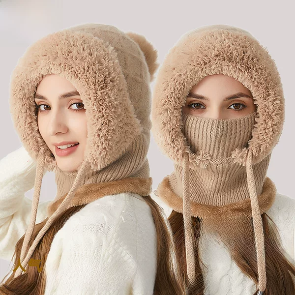 Cross-border knitted hat women's winter fleece-lined face cover hat Scarf mask one-piece warm hat set outdoor riding hat