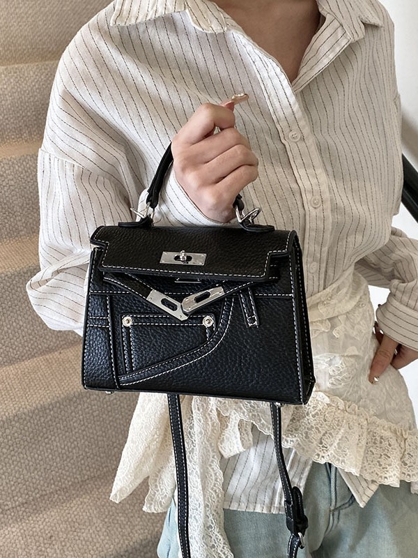 Bolso cuadrado pequeño Kelly portátil de moda de alta gama para mujer 2025 nuevo bolso de mensajero de un solo hombro con patrón de lichi de moda coreana